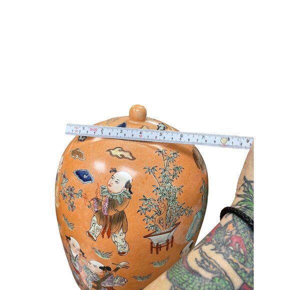 Vintage Chinese Large Peach Porcelin lidded boys play Macau Chinoserie SKU 9736 - Picture 12 of 13